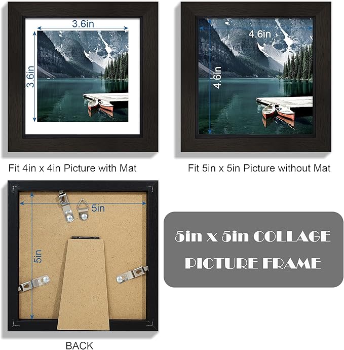 Hongkee 5x5 Picture Frame with Real Glass - Display Pictures 4x4 with Mat or 5 x 5 without Mat, Photo Frame for Wall or Table Top Display(Black, 3 Pack)