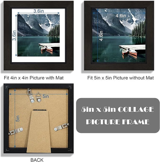 Hongkee 5x5 Picture Frame with Real Glass - Display Pictures 4x4 with Mat or 5 x 5 without Mat, Photo Frame for Wall or Table Top Display(Black, 3 Pack)