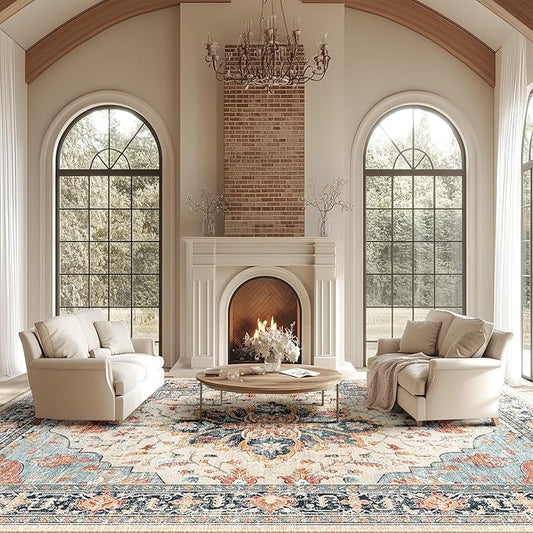 RELEANY Area Rugs 10'x14' Washable Non-Slip, Floral Vintage Distress Print Pattern Medallion Carpet for Living Room Bedroom Dining Room, Beige Navy Blue Orange Colorful