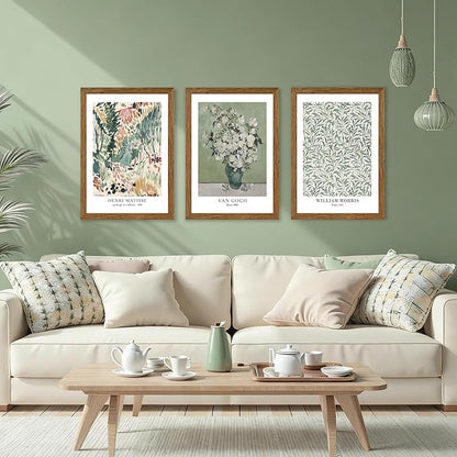 JLTULT 3 Piece Vintage Sage Green Canvas Wall Art, Van Gogh Matisse Wall Decor, Botanical Painting Artwork Prints for Living Room Bedroom Home Office 16X24 inch Wood Framed Easy to Hang