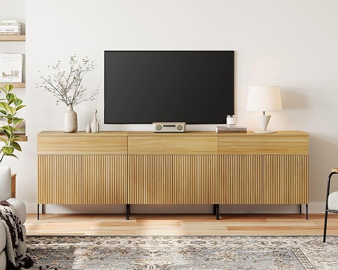 WAMPAT Fluted TV Stand TVs up to 100 inch, 94.5" W Modern TV Entertainment Center with Storage Cabinets and 3 Drawers & 6 Doors, Wood Media TV Console Table with Storage for Living Room, Oak