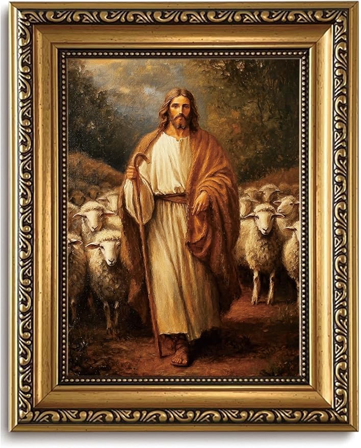 WZGZXU Vintage Gold Framed Wall Art Jesus Wall Decor Christian Canvas Art Jesus Sheep Pictures Religious Painting Print For Living Room Bedroom Church 8x10in