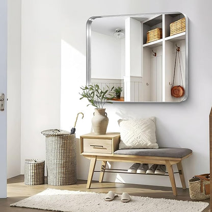 CIRCUMI Silver Bathroom Mirror, 40"x48" Rectangular Mirror with Deep Metal Frame, Rounded Corner, Tempered Glass, Large Mirror for Wall, Over 2 Sinks, Installed Vertically/Horizontally, Crystal-Clear