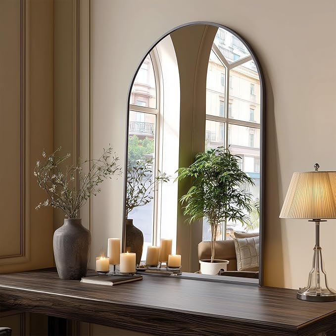 Dewfig Wall Mounted Mirror, 26"x38" Arched Wall Bathroom Mirror, Black Vanity Wall Mirror with Metal Frame, Modern & Contemporary Arch Top Wall Mirror for Bedroom, Entryway, Living Room,Black