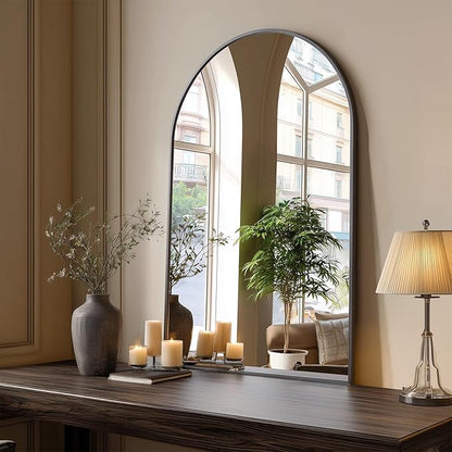 Dewfig Wall Mounted Mirror, 26"x38" Arched Wall Bathroom Mirror, Black Vanity Wall Mirror with Metal Frame, Modern & Contemporary Arch Top Wall Mirror for Bedroom, Entryway, Living Room,Black