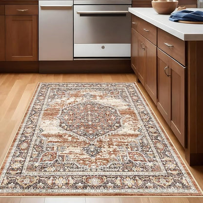 YOUFORTONG Area Rug 3x5 for Living Room: Soft Ultra Thin Low Pile Mat Machine Washable Indoor Doormat Lightweight Entry Rug Anti Slip Backing Rugs for Bedroom Kitchen 3'x5' Brick