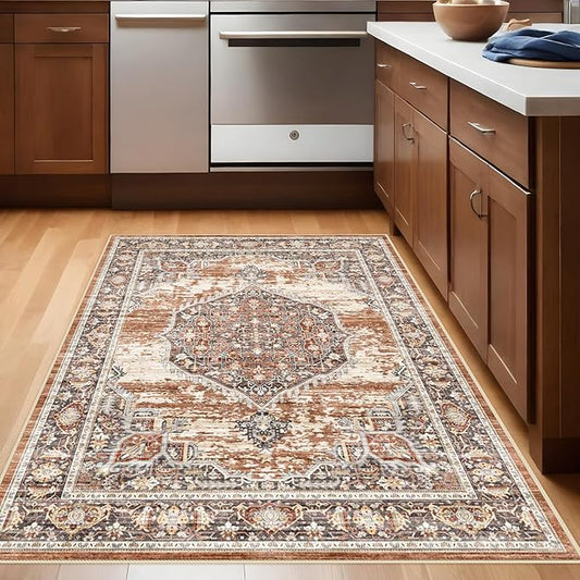 YOUFORTONG Area Rug 3x5 for Living Room: Soft Ultra Thin Low Pile Mat Machine Washable Indoor Doormat Lightweight Entry Rug Anti Slip Backing Rugs for Bedroom Kitchen 3'x5' Brick