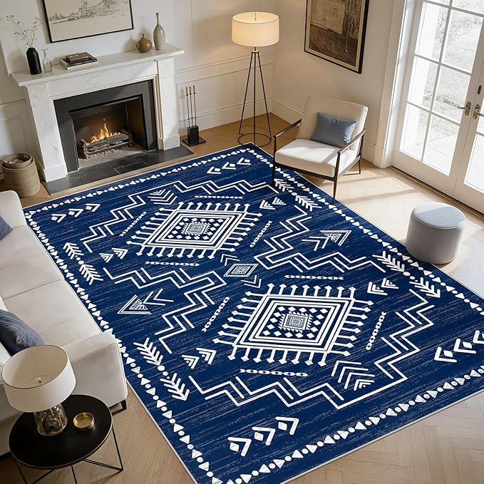 Joydeco 5x7 Moroccan Living Room Rugs, Navy Blue Washable Modern Bedroom Rug, Western Low Pile Non Shedding Distressed Aztec Dining Room, Aztec Soft Non Slip Carpet for Office Home Decor