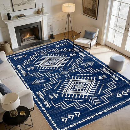 Joydeco 5x7 Moroccan Living Room Rugs, Navy Blue Washable Modern Bedroom Rug, Western Low Pile Non Shedding Distressed Aztec Dining Room, Aztec Soft Non Slip Carpet for Office Home Decor