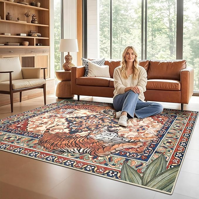 Tiger Washable Area Rugs for Living Room 5x7Ft Non Slip, Botanical Jungle Bedroom Rugs, Soft Boho Animal Printed Kids Nursery Floor Carpets for Dining Room Dorm Farmhouse Office, Red Blue