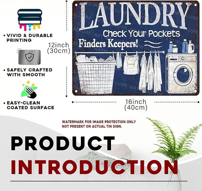 Laundry Vintage Tin Sign Check Your Pockets Metal Sign Funny Laundromat Rules Decor 12x16Inch