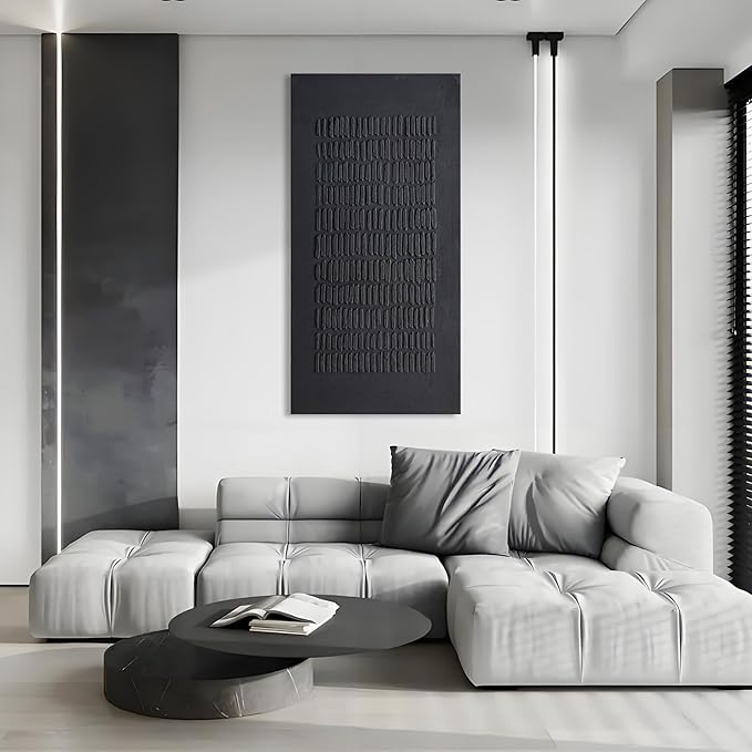 NANKAI Art Hand-Painted Black Thick Texture Abstract Art Oil Painting Contemporary Minimalist Style Art Living Room Office Corridor Wall Decoration Oil Painting 24x48 inches