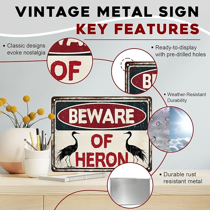 Heron Vintage Sign Warning Beware of Heron Metal Tin Sign for Men Home Decor tin Art Decor 12x16inch