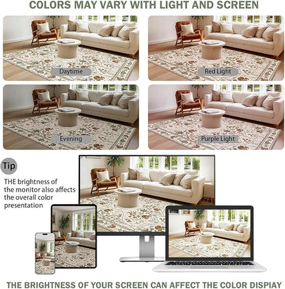 9x12 Floral Washable Living Room Area Rug with Non Slip Backing,Soft Low Pile Stain Resistant Vintage Large Rugs Carpet for Bedroom Dining Room,Beige White