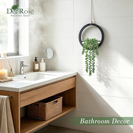 Der Rose 2 Pack Fake Plants Hanging Artificial Succulents Plants in Black Pots for Living Room Bathroom Accessories Boho Farmhouse Wall Decor