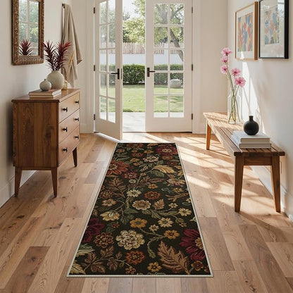 GENIMO 2X6 Washable Runner Rug for Hallway, Vintage Floral Print Non-Slip Low Pile Carpet, Stain Resistant Soft Chenille Rug for Entryway Kitchen Corridor, Floral Brown