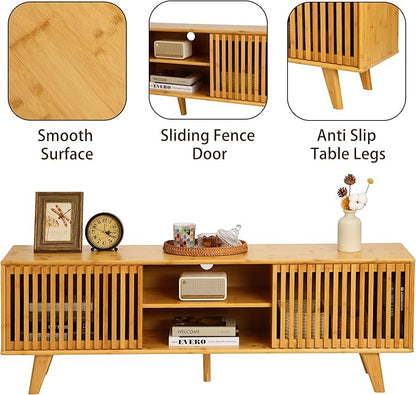 Bamboo TV Stand for TVs up to 65", Accent Entertainment Center with Storage, Media Console Table with Sliding Fence Door, Modern TV Stand for Living Room, Bedroom, 55"(L), Burlywood