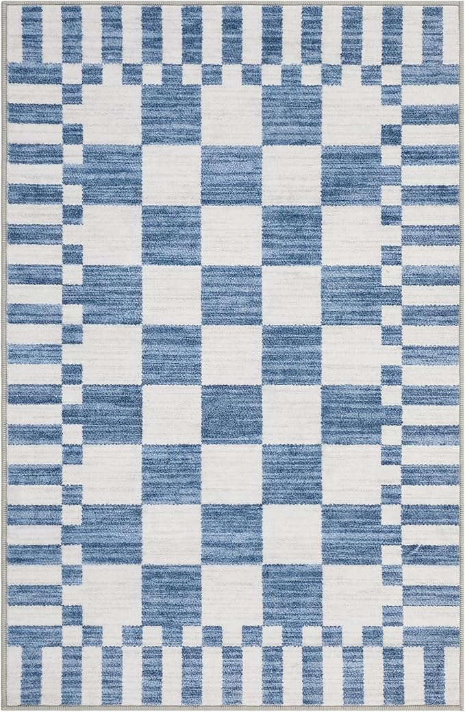 GarveeHome Dark Blue Checkered Rug 2x3 Washable Rug Non-Slip for Entryway, Soft Low-Pile Small Area Rugs,Neutral Modern Geometric Rugs for Kitchen