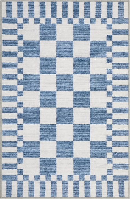 GarveeHome Dark Blue Checkered Rug 2x3 Washable Rug Non-Slip for Entryway, Soft Low-Pile Small Area Rugs,Neutral Modern Geometric Rugs for Kitchen