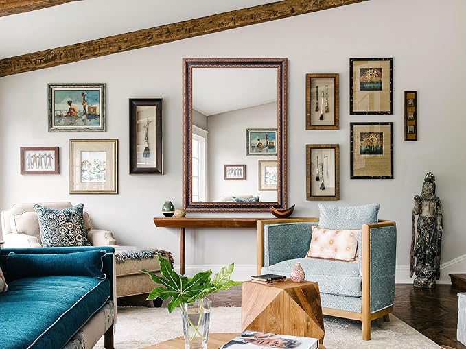 Large Vintage Mirror 53" X 37.5" for Bathroom, Black-Bronze Handmade Aging Ornate Wood Frame Mirror for Bedroom, Fireplace, Dining Room and Living Room