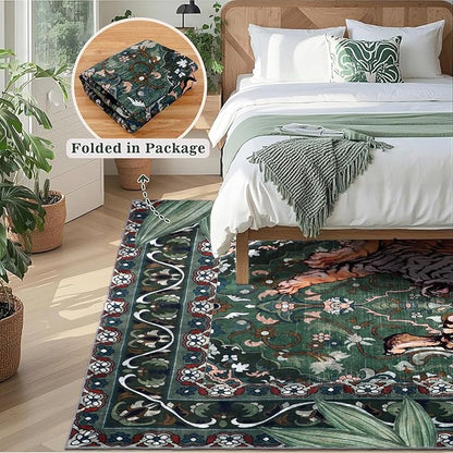 Tiger Washable Area Rugs 6x9 Green, Boho Accent Jungle Rugs for Living Room, Soft Bedroom Area Carpet, Thin Botanical Floor Carpets for Dining Room Nursery Dorm Kids Playroom Farmhouse Office