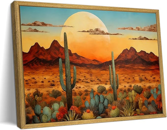 Framed Western Desert Sunset Cactus Wall Art, Vintage Southwest Nature Landscape Canvas Print, Rustic Wall Decor Picture, Boho Mexican Oil Painting for Living Room Bedroom Office bathroom 12x16 Inch