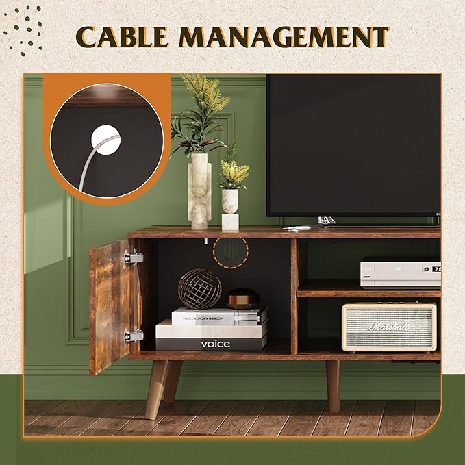 WLIVE Mid-Century Modern TV Stand for 65 70 Inch TV, Entertainment Center with Storage, Adjustable Shelves & Soft-Close, Media TV Console for Living Room/Bedroom, Retro Brown