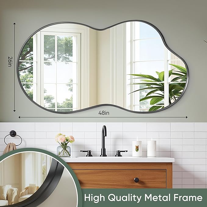 Suidia Irregular Wall Mirror, 48"x26" Bathroom Mirror Asymmetrical Mirrors Artistic Mirrors Decorative for Living Room Bedroom Bathroom Hallway Entryway, Black, Cloud Style