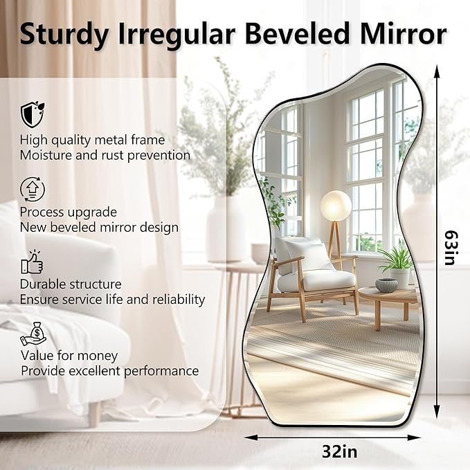 POZINO Irregular Beveled Mirror, 63"x32" Large Asymmetrical Wall Mirror with Metal Frame, Premium Organic Aesthetic Floor Mirrors for Living Room Cloakroom Hallway Entryway, Leaning/Wall-Mount