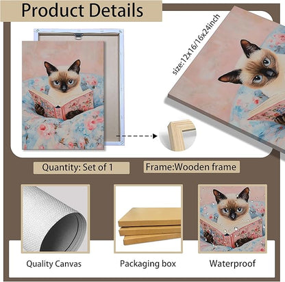 Framed Cat Reading Book Canvas Wall Art, Cute Pink Siamese Cat Wall Decor Print Painting, Funny Animal Lovers Picture for Bedroom Living Room Kids Room Girls Room Home Decor 12x16 Inch
