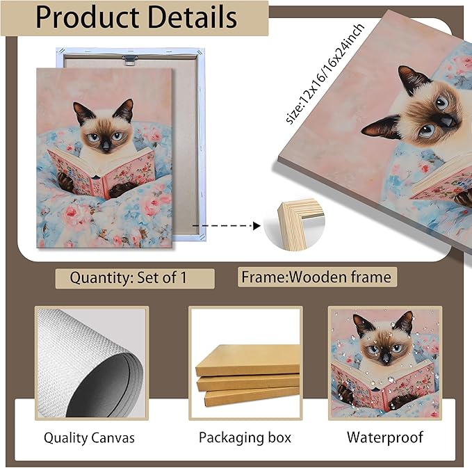 Framed Cat Reading Book Canvas Wall Art, Cute Pink Siamese Cat Wall Decor Print Painting, Funny Animal Lovers Picture for Bedroom Living Room Kids Room Girls Room Home Decor 16x24 Inch
