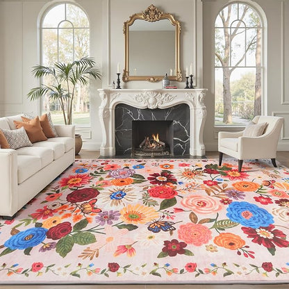 Light Pink Area Rugs 10x14 for Living Room, Non Slip Machine Washable Floral Rugs, Low Pile Lightweight Large Rug for Bedroom, Dining Room, Home Office