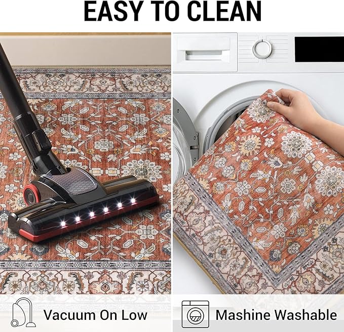 KUTA Vintage Washable Runner Rug, 2x8 Red Clay Runners for Hallways Non-Slip Kitchen Rugs Ultra Thin Soft Printed Distressed Oriental Floral Floor Carpet for Laundry Bedroom Living Room Nursery