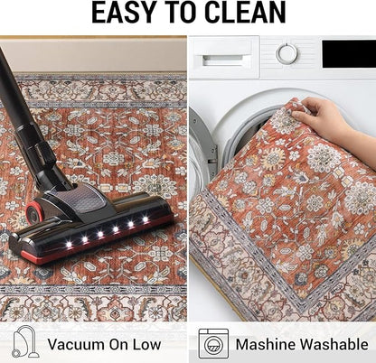 KUTA Vintage Area Rug 4x6 Washable Rug Traditional Floor Cover Foldable Red Clay Ultra Thin Soft Retro Accent Indoor Distressed Non Slip Carpet Floral Print Mat Bedroom Living Room Dorm Office