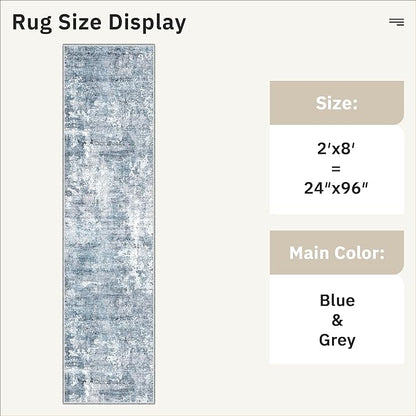 Soalmost Runner Rug 2x8 Washable Non-Slip Hallway Runner Rugs for Kitchen Bathroom Laundry Room Blue/Grey Vintage Floor Carpet Runners for Hallways Entryway