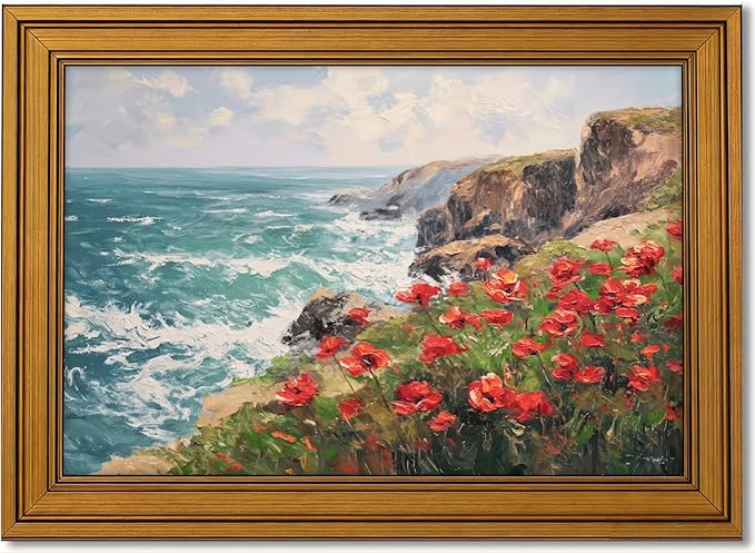 Vintage Gold Framed Coastal Wildflowers Canvas Wall Art, Cliff Landscape Poster Print Artwork, Nature Ocean Wave Painting Picture Wall Decor, for Living Room, Bedroom, Home Decoration, 9x11in
