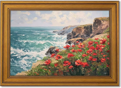 Vintage Gold Framed Coastal Wildflowers Canvas Wall Art, Cliff Landscape Poster Print Artwork, Nature Ocean Wave Painting Picture Wall Decor, for Living Room, Bedroom, Home Decoration, 9x11in