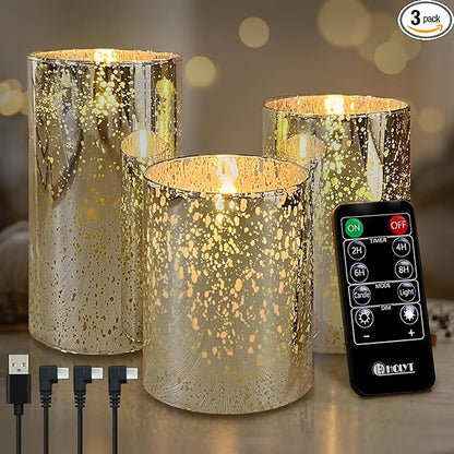 LEDHOLYT Rechargeable Flameless Candle, Flickering LED Pillar Glass Fake Candle with Remote and Timer, Built-in Battery Real Wax Electronic Candle for Room Decoration, Set of 3