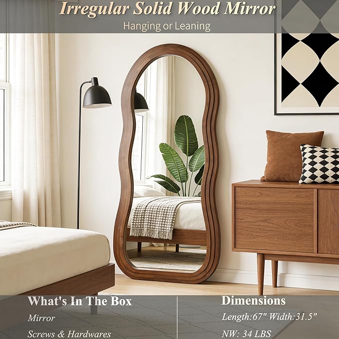 Wavy Full Length Mirror, 67"x31.5" Large Irregular Aesthetic Mirrors with Triple Layer Solid Wood Frame, Premium Organic Floor Mirror for Living Room Entryway Hallway, Leaning/Hanging