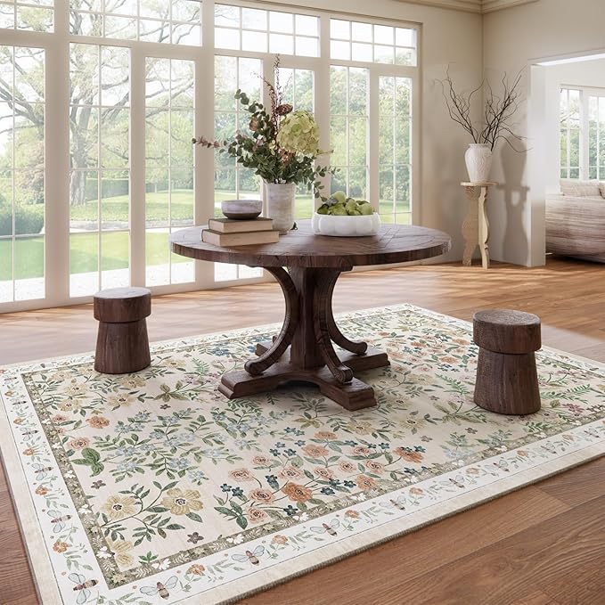Machine Washable Rugs for Living Room: 8x10 Area Rugs for Bedroom Floral Non Slip Low Pile Soft Stain Resistant Carpet for Kitchen Dining Room Farmhouse Kids Room Nursery Indoor