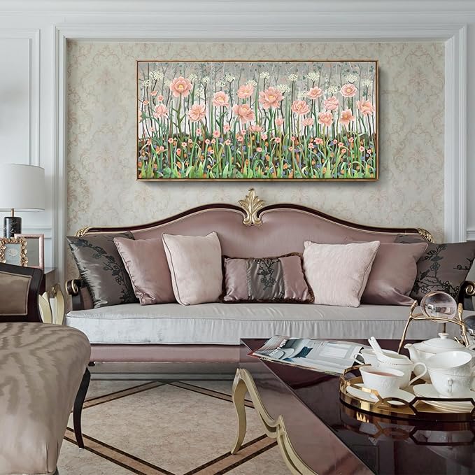 Large Framed Country Living Room Wall Art, Modern Pink And Green Wildflower Canvas Artwork, Natural And Idyllic Landscape Print Picture For Bedrooms, Dining Rooms, Offices, And Studies. 48X24 Inches.
