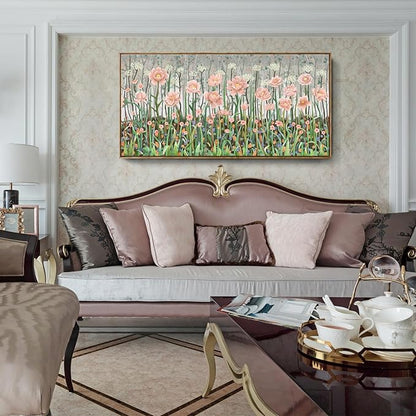 Large Framed Country Living Room Wall Art, Modern Pink And Green Wildflower Canvas Artwork, Natural And Idyllic Landscape Print Picture For Bedrooms, Dining Rooms, Offices, And Studies. 48X24 Inches.