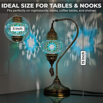 DEMMEX Turkish Moroccan Table Lamp, Swan Neck Tiffany Style Mosaic Glass Table Desk Bedside Lamp for Bedroom, Living Room – Handcrafted in Turkey, Teal