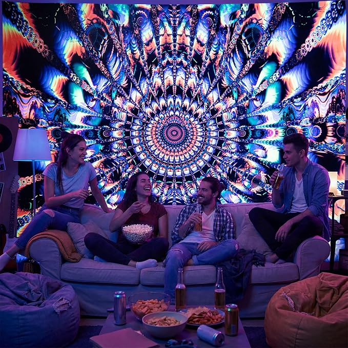 PRRPRR Blacklight Trippy Mandala Tapestry - UV Reactive Glow in the Dark Wall Hanging, Neon Psychedelic Boho Posters for Bedroom, Aesthetic Dorm Room Decor, Party Backdrop (59"x51")