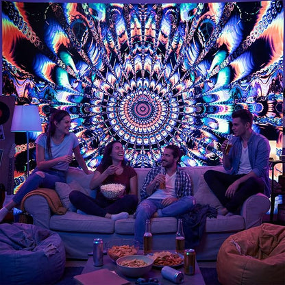 PRRPRR Blacklight Trippy Mandala Tapestry - UV Reactive Glow in the Dark Wall Hanging, Neon Psychedelic Boho Posters for Bedroom, Aesthetic Dorm Room Decor, Party Backdrop (59"x51")