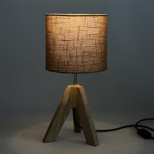 Tripod Table Lamp, 16 Inches Height with Brown Jute Lamp Shade Bedside Lamp Nightstand Lamp for Nursery, Bedroom, Kid Room, Living Room, Light Brown Wooden Base