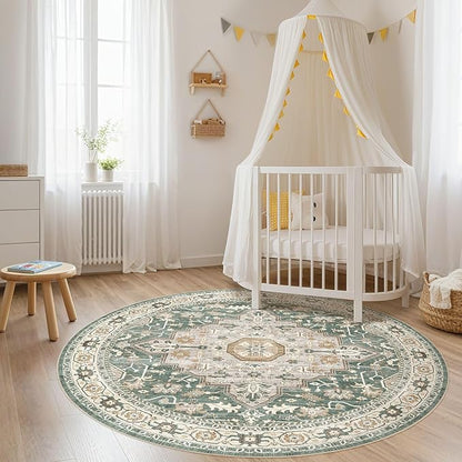 Round Rug Living Room Rugs: 6x6 Washable Boho Neutral Large Circle Soft Indoor Distressed Stain Resistant Floor Farmhouse Carpet for Bedroom Nursery Kids Playroom Office Dining Room Dorm- Green