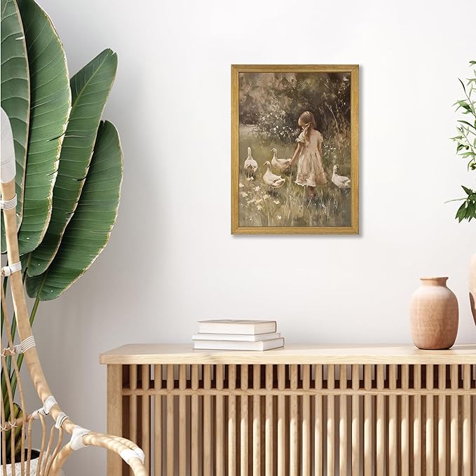 Wood Framed Canvas Wall Art, Vintage Girl with Ducks Painting Poster, Countryside Pastoral Landscape Print Picture, Rustic Farmhouse Wall Decor for Living Room Bedroom Nursery 12x16 inch