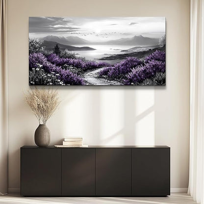 KELIYUAN Black And White Home Decoration Canvas Wall Art For Restaurant Natural Landscape Painting Printing Landscape Purple Grass Picture Suitable For Living Room Bedroom Office Wall Decor 20x40In