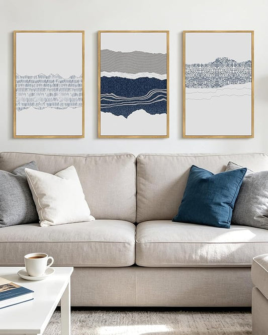 PHOPAGO Navy Blue Abstract Framed Wall Art Large 16x24in Mid Century Minimalist Boho Wall Decor Modern Neutral Farmhouse Rustic Art Bedroom Living Decor - Natural Framed